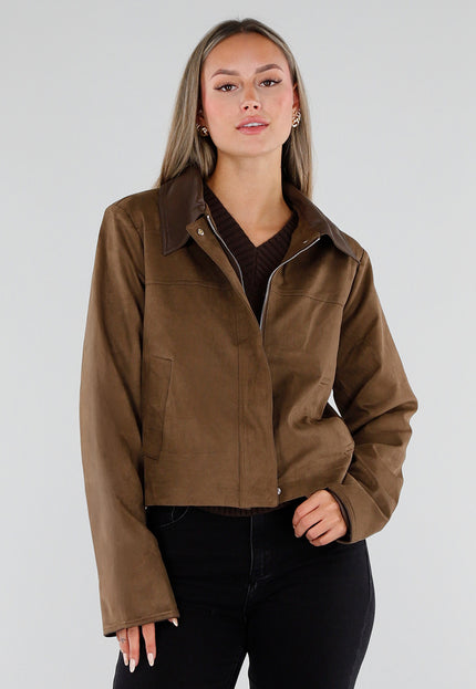 NEW230926 Bruin Kort Suèdelook Jasje met Kraag