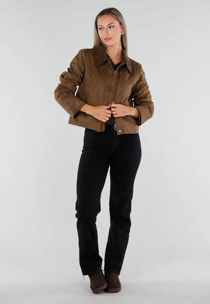 NEW230926 Bruin Kort Suèdelook Jasje met Kraag
