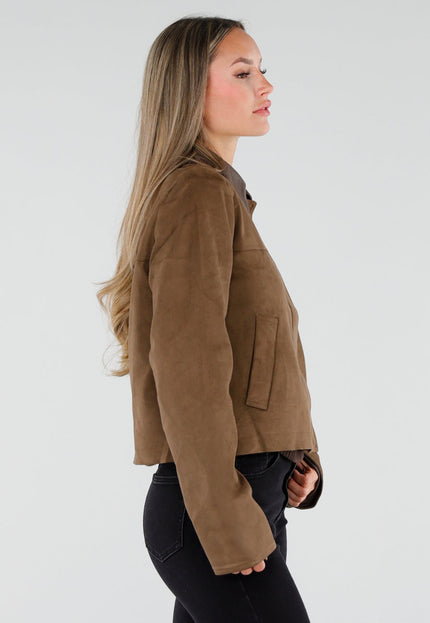 NEW230926 Bruin Kort Suèdelook Jasje met Kraag