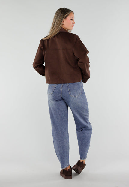 NEW230926 Bruin Kort Suèdelook Jasje met Kraag