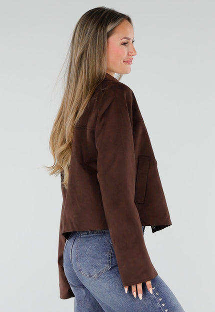 NEW230926 Bruin Kort Suèdelook Jasje met Kraag