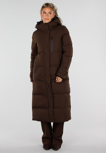 NEW230926 Bruine Lange Gewatteerde Winterjas