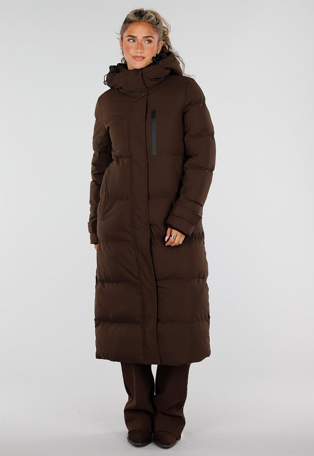 NEW230926 Bruine Lange Gewatteerde Winterjas