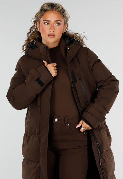 NEW230926 Bruine Lange Gewatteerde Winterjas