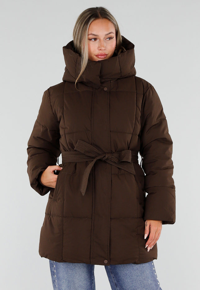 NEW230926 Bruine Lange Parka Winterjas met Ceintuur