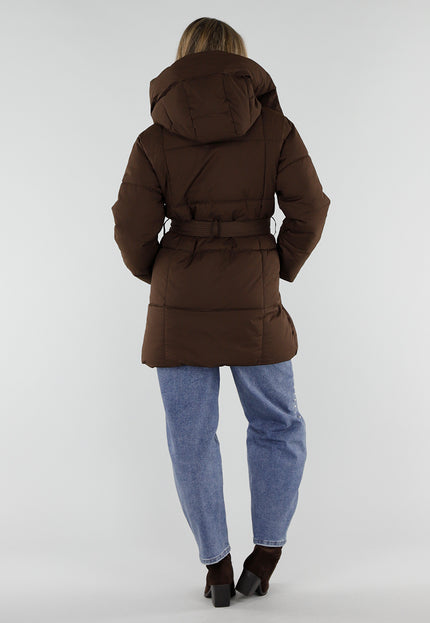 NEW230926 Bruine Lange Parka Winterjas met Ceintuur