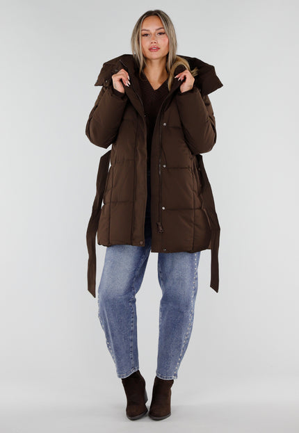 NEW230926 Bruine Lange Parka Winterjas met Ceintuur