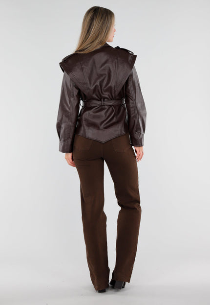 NEW230926 Bruine Lederlook Jas met Ceintuur