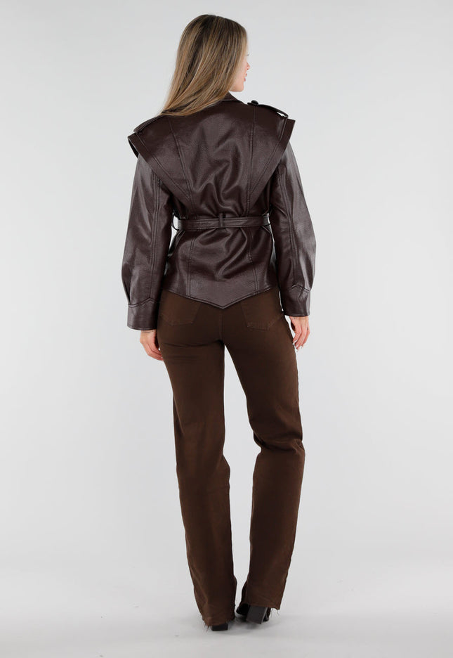 NEW230926 Bruine Lederlook Jas met Ceintuur