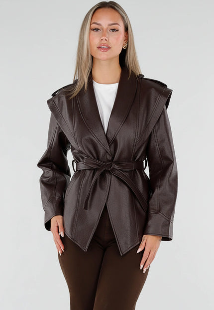 NEW230926 Bruine Lederlook Jas met Ceintuur