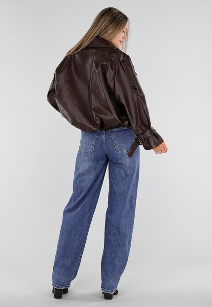 NEW230926 Bruine Lederlook Jas met Hoge Kraag
