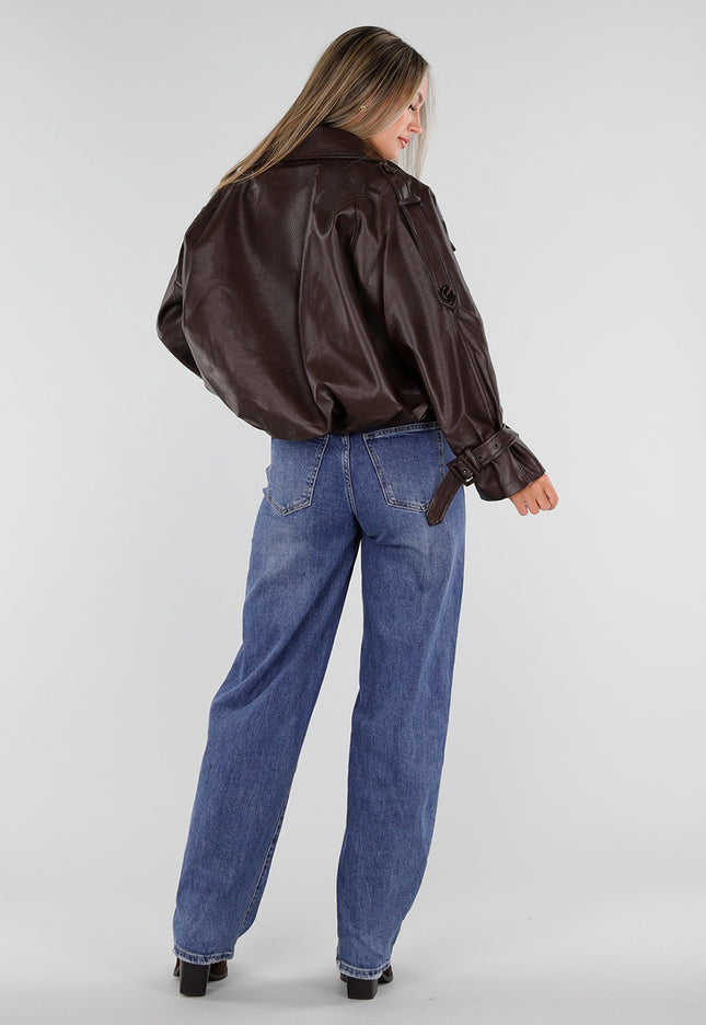 NEW230926 Bruine Lederlook Jas met Hoge Kraag