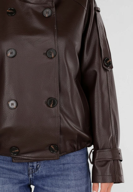 NEW230926 Bruine Lederlook Jas met Hoge Kraag
