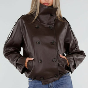 NEW230926 Bruine Lederlook Jas met Hoge Kraag