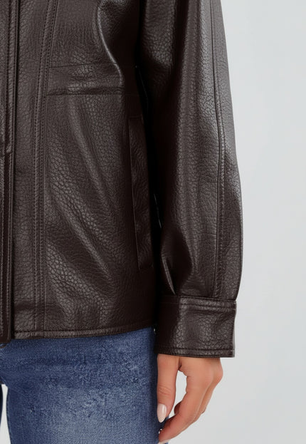 NEW230926 Bruine Lederlook Jas met Hoge Kraag