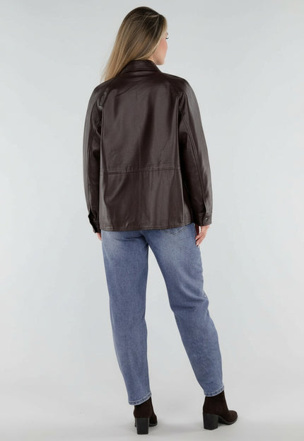 NEW230926 Bruine Lederlook Jas met Hoge Kraag