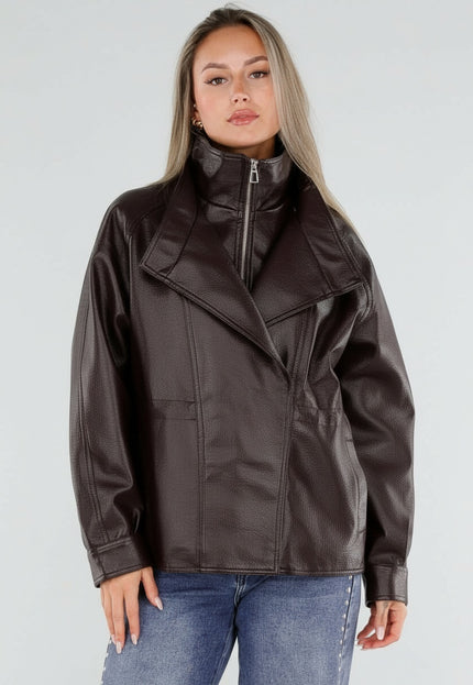 NEW230926 Bruine Lederlook Jas met Hoge Kraag