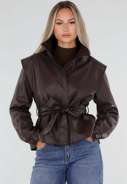 NEW230926 Bruine Lederlook Jas met Tailleband