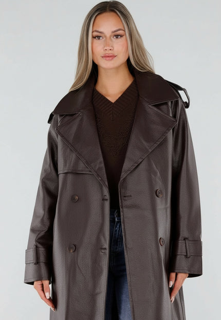 NEW230926 Bruine Lederlook Trenchcoat met Ceintuur