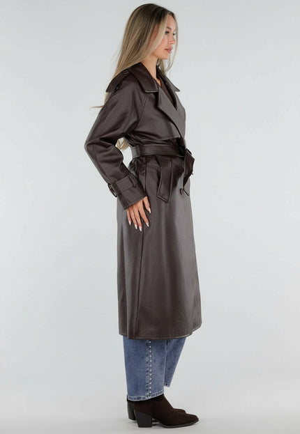 NEW230926 Bruine Lederlook Trenchcoat met Ceintuur