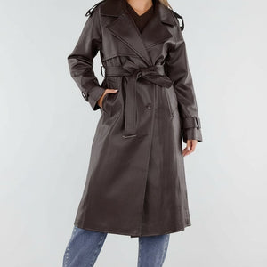 NEW230926 Bruine Lederlook Trenchcoat met Ceintuur
