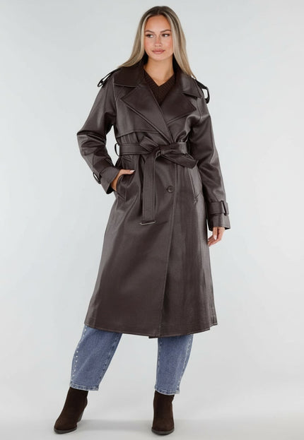 NEW230926 Bruine Lederlook Trenchcoat met Ceintuur