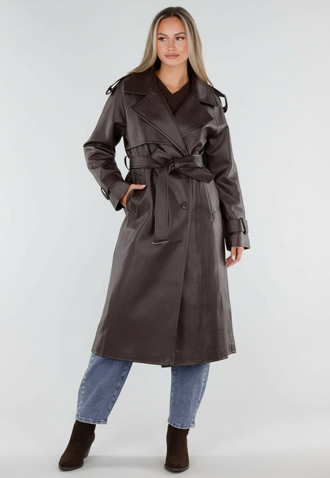NEW230926 Bruine Lederlook Trenchcoat met Ceintuur