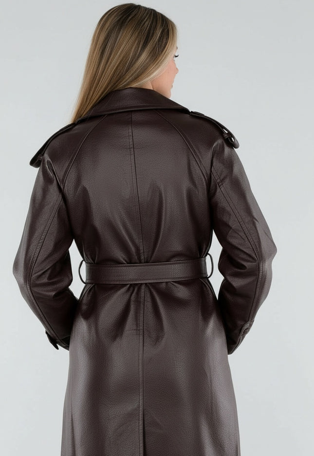 NEW230926 Bruine Lederlook Trenchcoat met Ceintuur