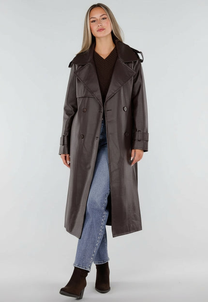 NEW230926 Bruine Lederlook Trenchcoat met Ceintuur