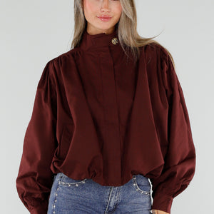 NEW230926 Burgundy Korte Jas met Hoge Kraag