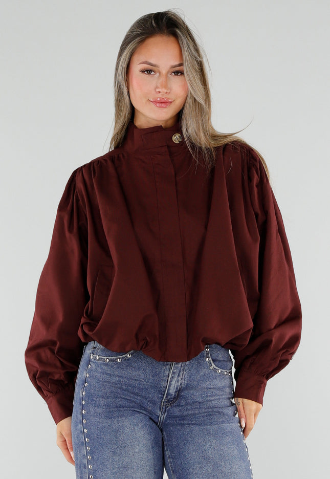 NEW230926 Burgundy Korte Jas met Hoge Kraag