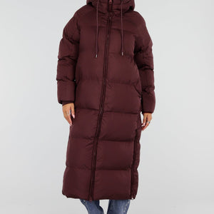 NEW230926 Burgundy Lange Gewatteerde Puffer Winterjas