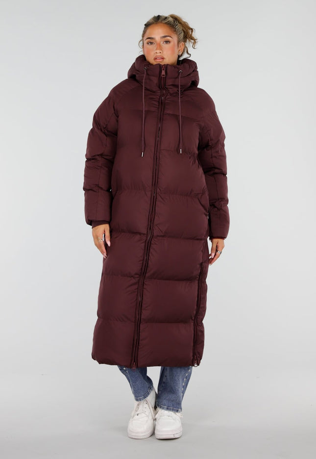 NEW230926 Burgundy Lange Gewatteerde Puffer Winterjas