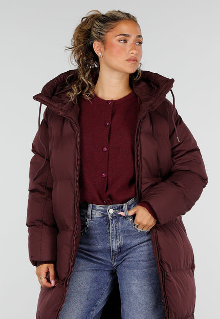 NEW230926 Burgundy Lange Gewatteerde Puffer Winterjas