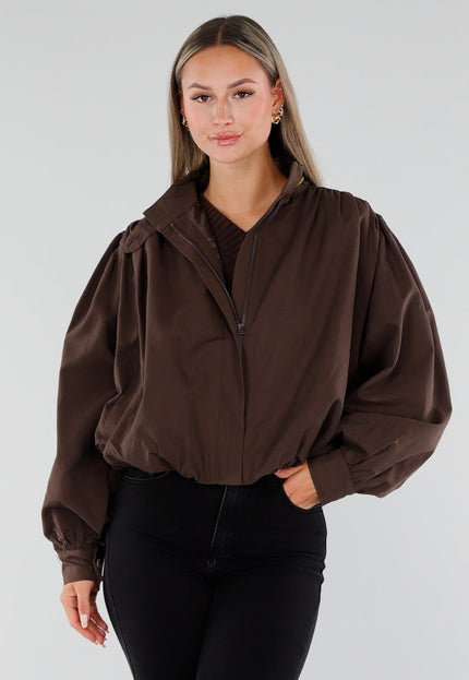 NEW230926 Chocolate Brown Korte Jas met Hoge Kraag