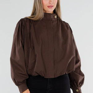 NEW230926 Chocolate Brown Korte Jas met Hoge Kraag
