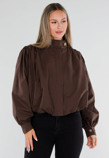 NEW230926 Chocolate Brown Korte Jas met Hoge Kraag