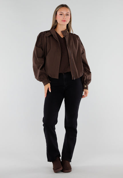 NEW230926 Chocolate Brown Korte Jas met Hoge Kraag
