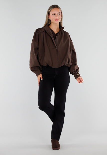 NEW230926 Chocolate Brown Korte Jas met Hoge Kraag