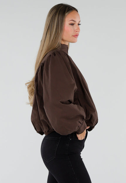 NEW230926 Chocolate Brown Korte Jas met Hoge Kraag