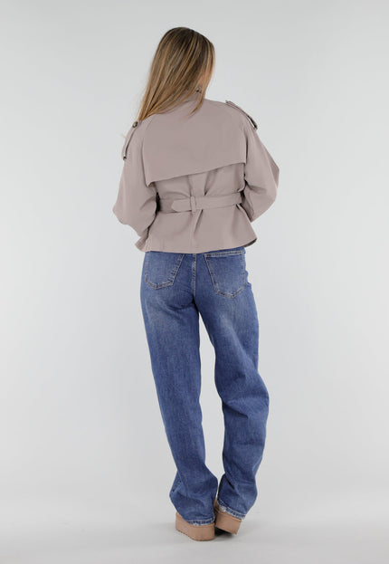 NEW230926 Grijze Korte Trenchjas met Tailleband