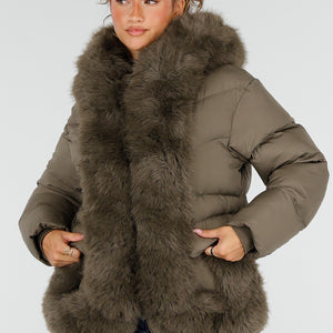 NEW230926 Khaki Puffer Winterjas met Bontkraag