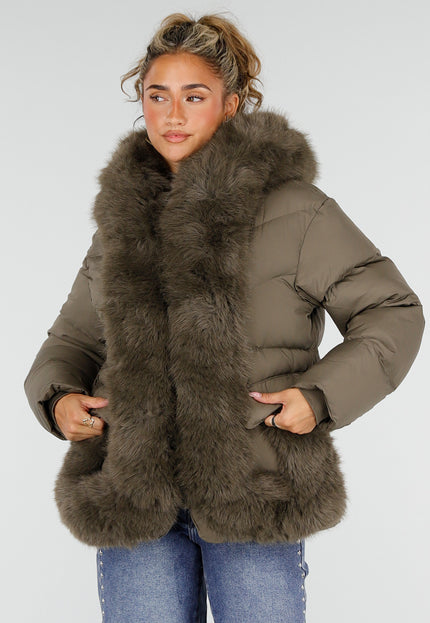 NEW230926 Khaki Puffer Winterjas met Bontkraag