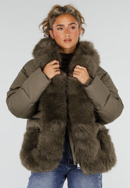 NEW230926 Khaki Puffer Winterjas met Bontkraag