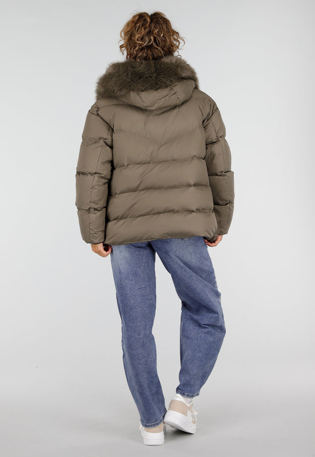 NEW230926 Khaki Puffer Winterjas met Bontkraag