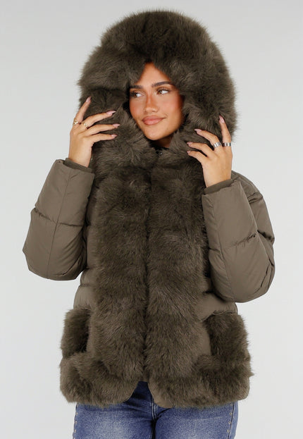 NEW230926 Khaki Puffer Winterjas met Bontkraag
