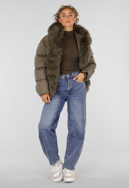 NEW230926 Khaki Puffer Winterjas met Bontkraag