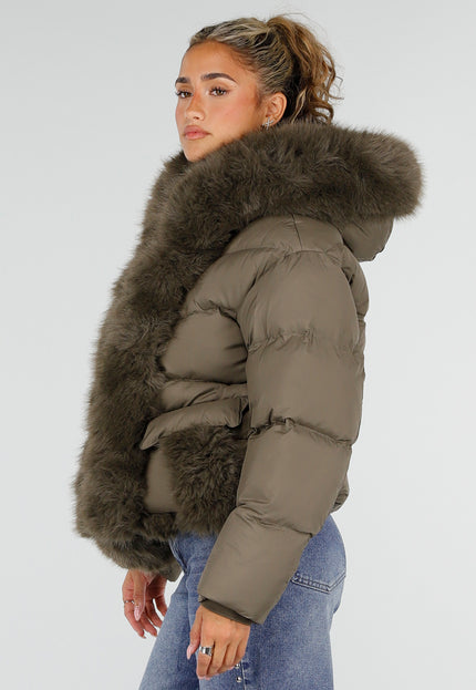 NEW230926 Khaki Puffer Winterjas met Bontkraag
