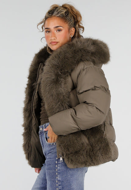 NEW230926 Khaki Puffer Winterjas met Bontkraag