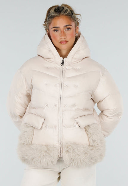 NEW230926 Khaki Puffer Winterjas met Bontkraag